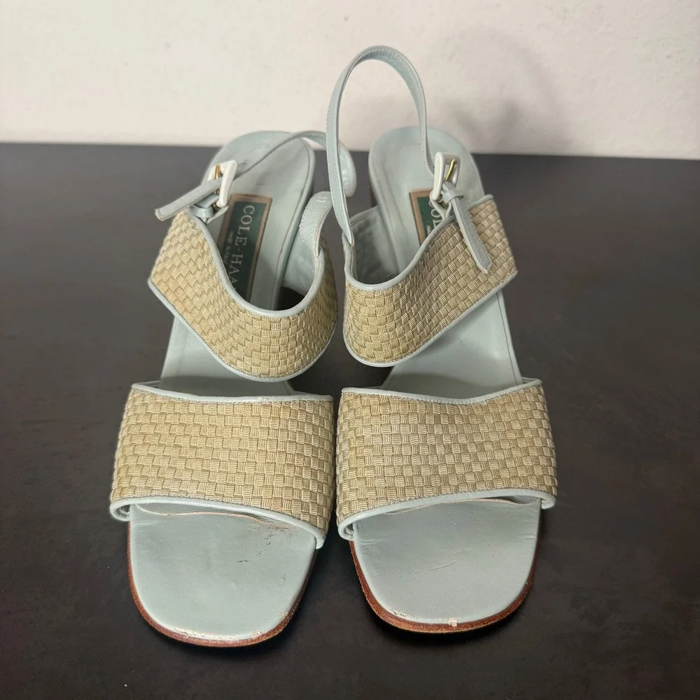 Vintage Woven Leather Sandals 8‎ Blue Chunky Block Heel Boho 90s Cole Haan